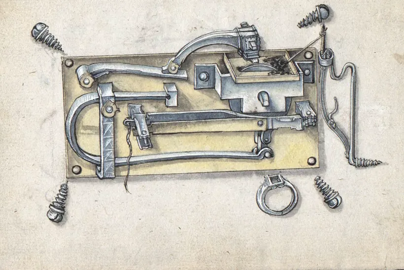A detailed colored drawing of a complete wheel-lock mechanism laid out on its lockplate, with the wheel, mainspring, pyrite arm, and mounting screws drawn separately around it