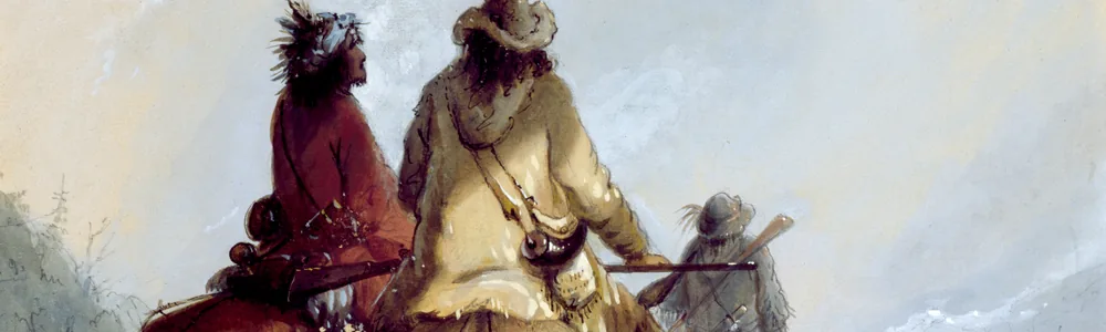 Painted scene of mounted trappers and a Native guide setting out for the beaver hunt, rifles across their saddles