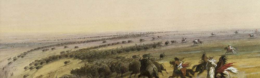 Painted scene of mounted hunters with rifles pursuing a long line of buffalo across an open plain