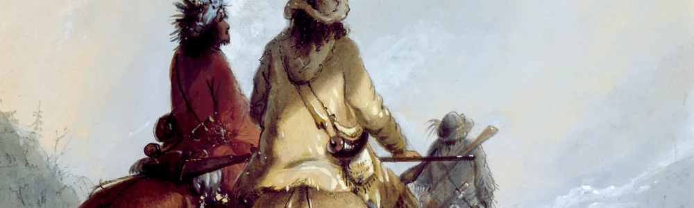 Painted scene of fur-trade trappers setting out on horseback for the beaver hunt in the Rocky Mountains