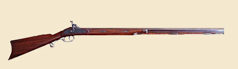 A percussion-era Hawken plains rifle, shown horizontally: short heavy barrel, plain stock, large bore.