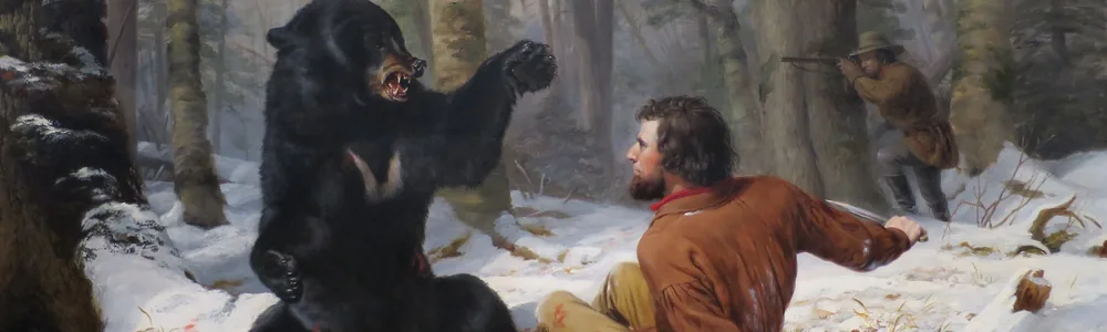 Painted hunting scene: a fallen hunter and a companion leveling his muzzleloading rifle at a charging bear in a snowy forest
