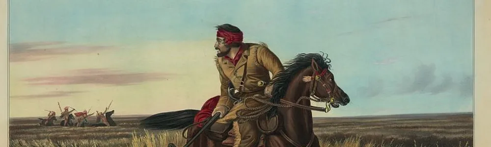 Painted scene of a frontiersman galloping across open prairie on horseback, dressed in fringed buckskin