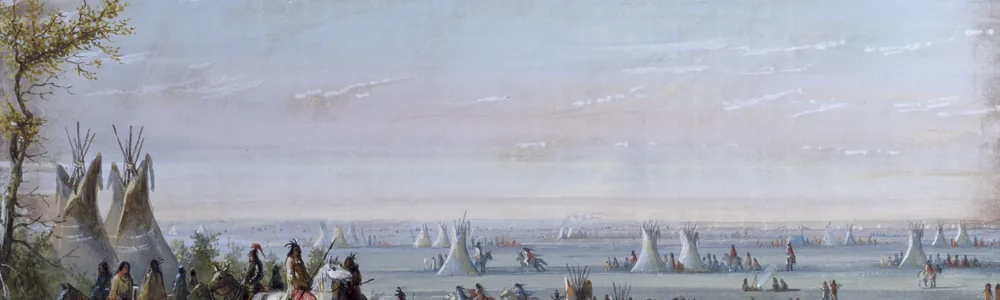Painted scene of a fur-trade rendezvous encampment in a mountain valley, trappers and Native traders gathered among lodges